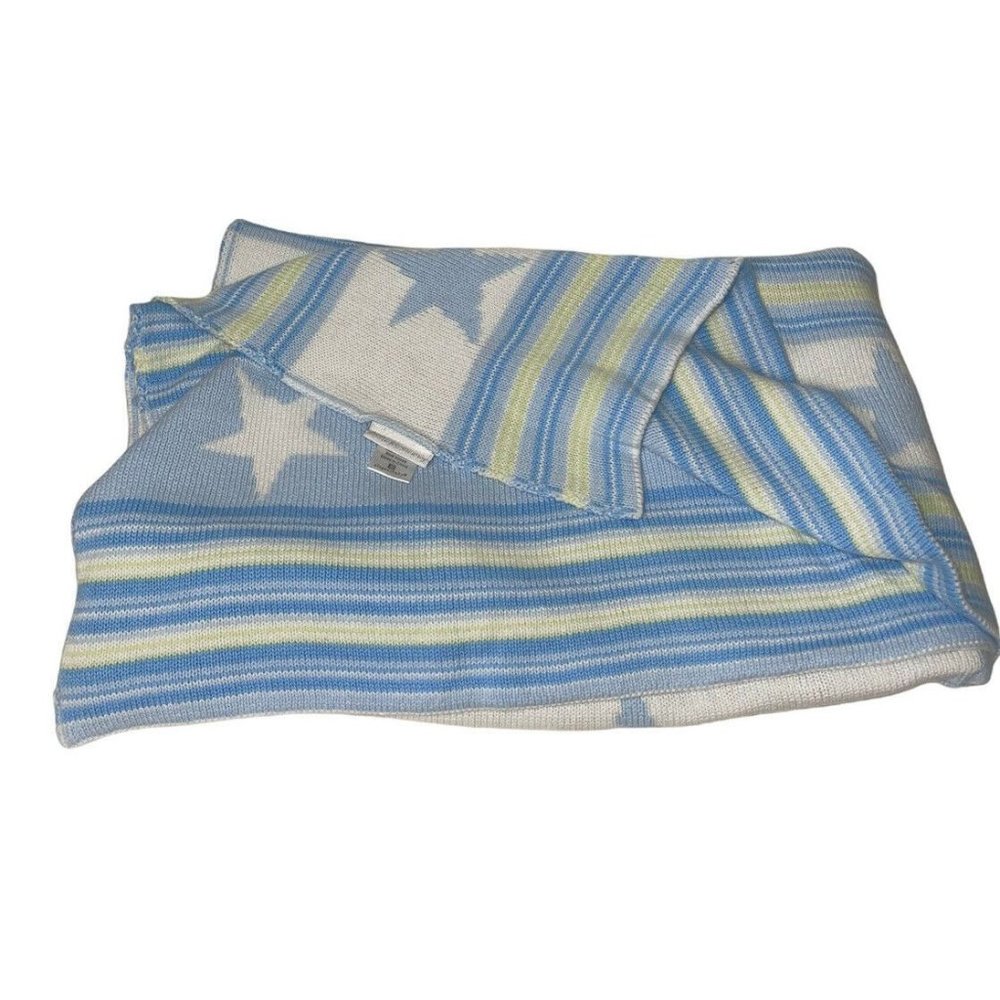 Elegant Baby Security Blanket Knit Blue Yellow Stripe Stars 36”x45” Lovey